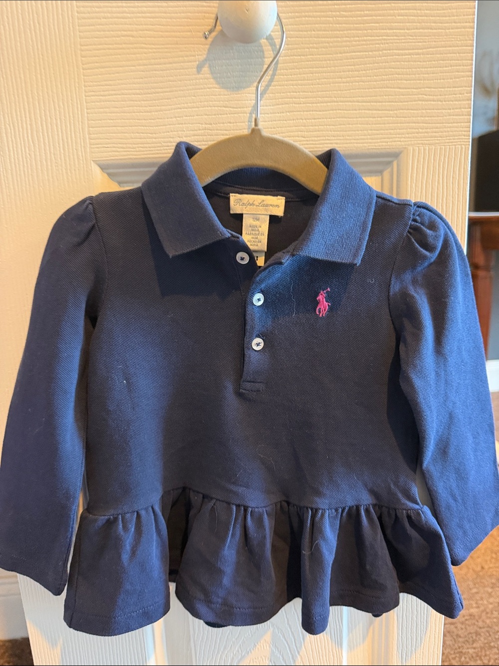 Ralph Lauren Navy Long Sleeve Peplum Polo with Pink Pony